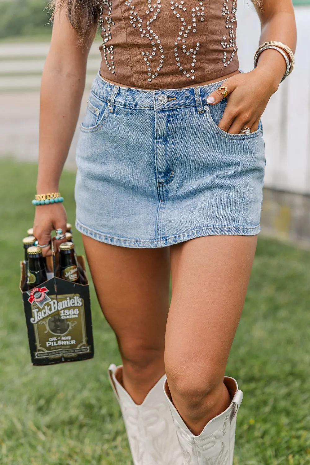 AbrasionResistantEdging Sweat Absorbent Inner Layer Saddle Up Skort-Light Denim