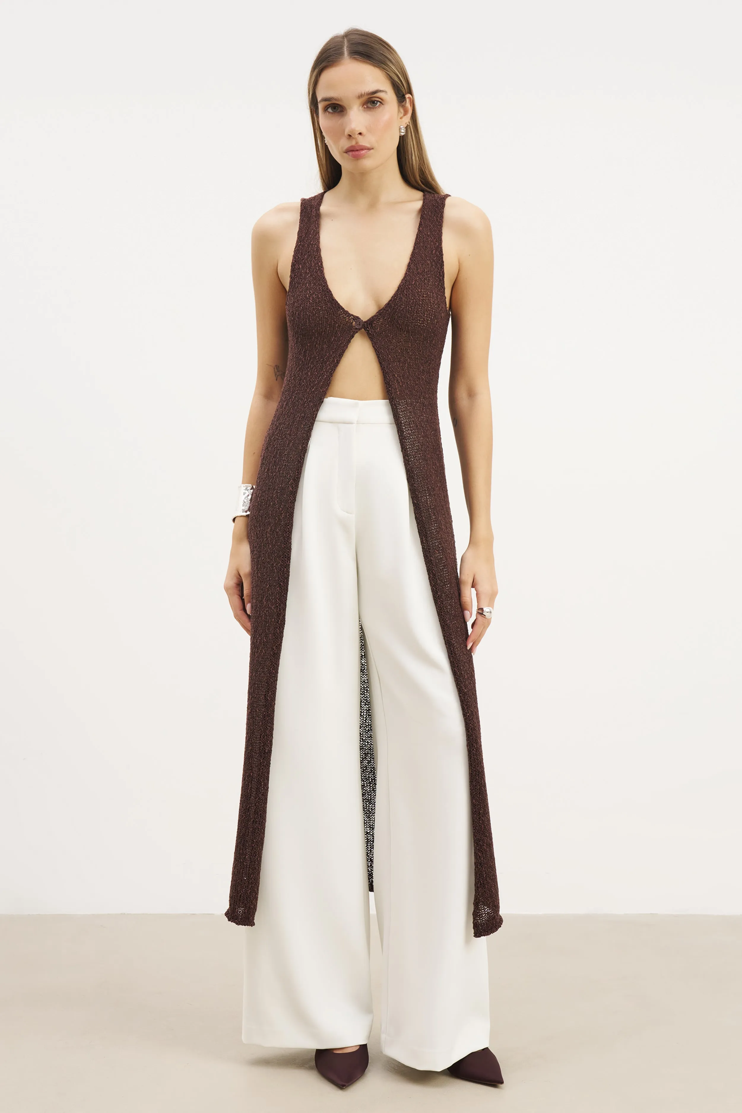 SubtleTexture LightweightFabric Crochet Knit V Neck Maxi Waistcoat - Carob