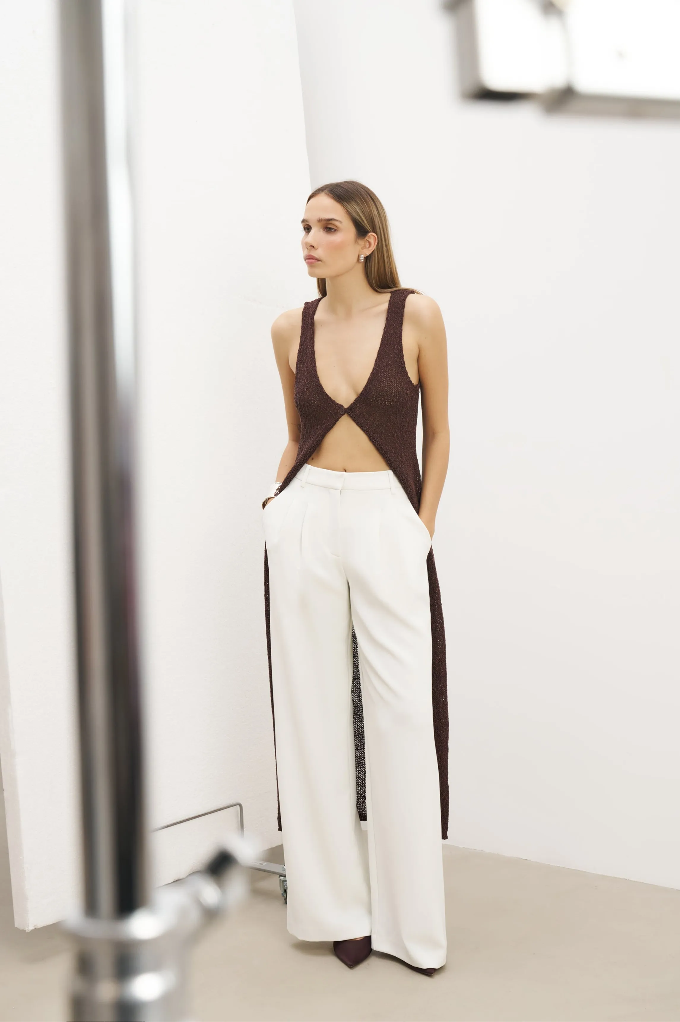 Crochet Knit V Neck Maxi Waistcoat - Carob WrinkleFree Structure