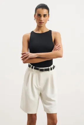 Textured Weave Pattern LayeredCuff Boat Neck Tank Top - Black