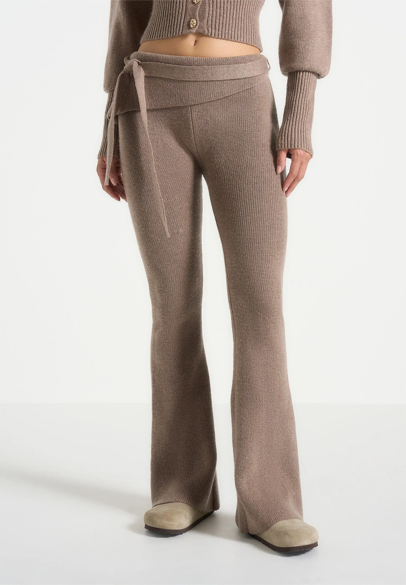 Knitted Fit & Flare Leggings with Belt - Taupe Anti Pilling Technology Contrast Topstitching Detail