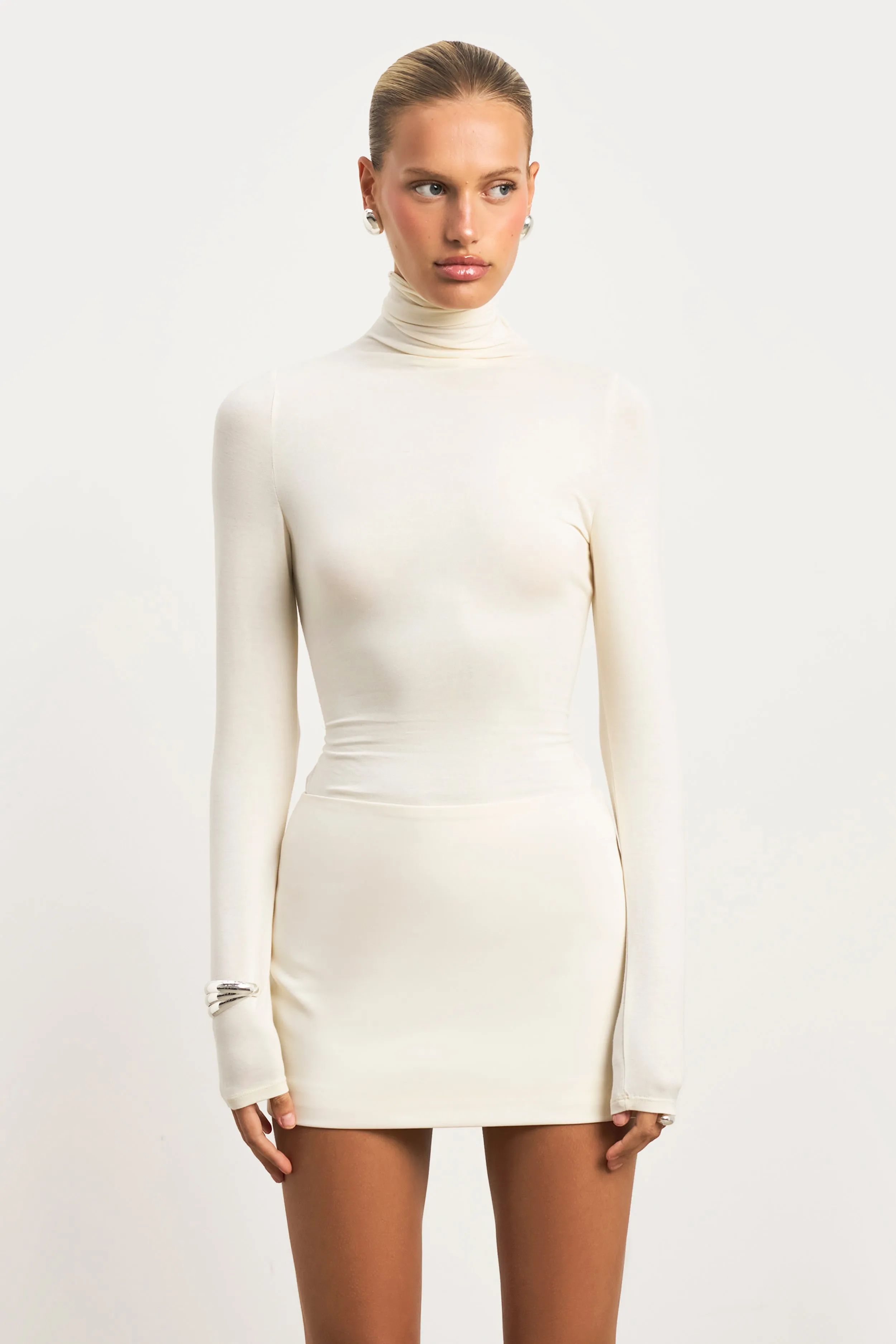 Relaxed Crew Neck Opening Relaxed Sweatshirt Semi Sheer High Neck Longsleeve Top -  Cream