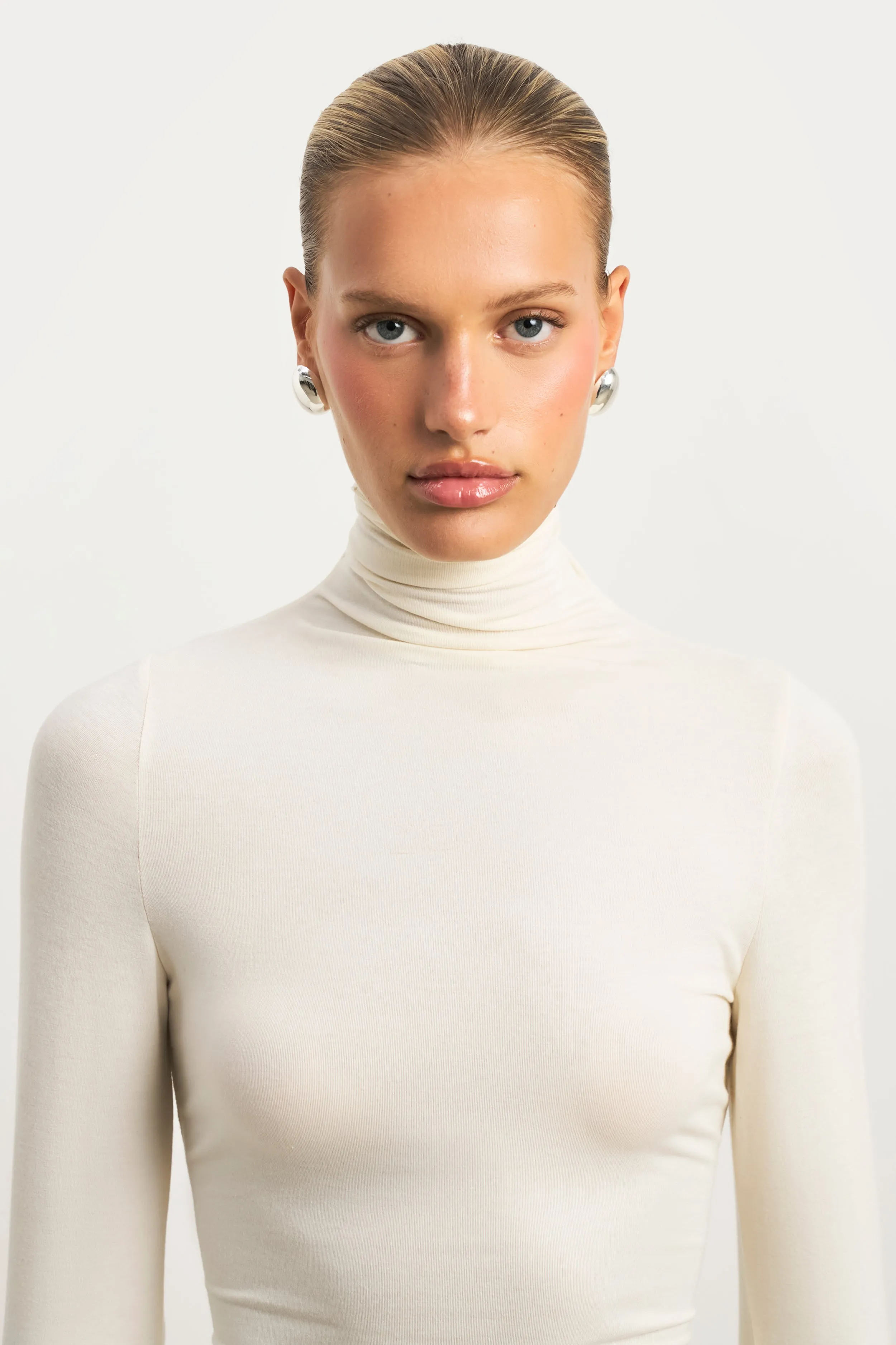 Smooth Zipper Integration Semi Sheer High Neck Longsleeve Top -  Cream