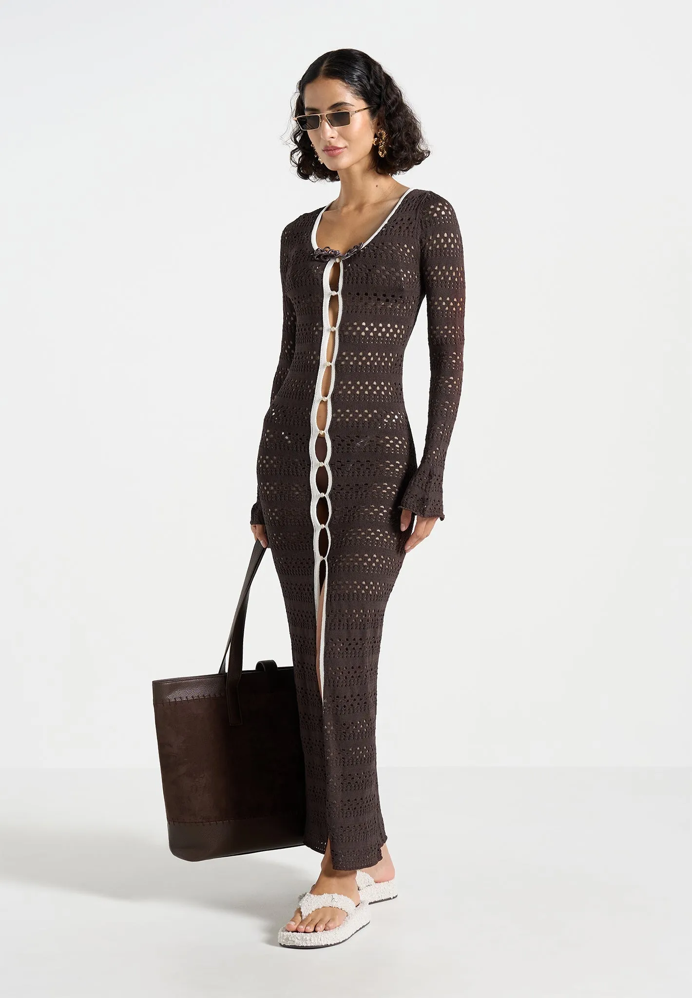 Aria - Pointelle Knit Cover Up - Brown/Cream Adventure Ready High Durability Elastic