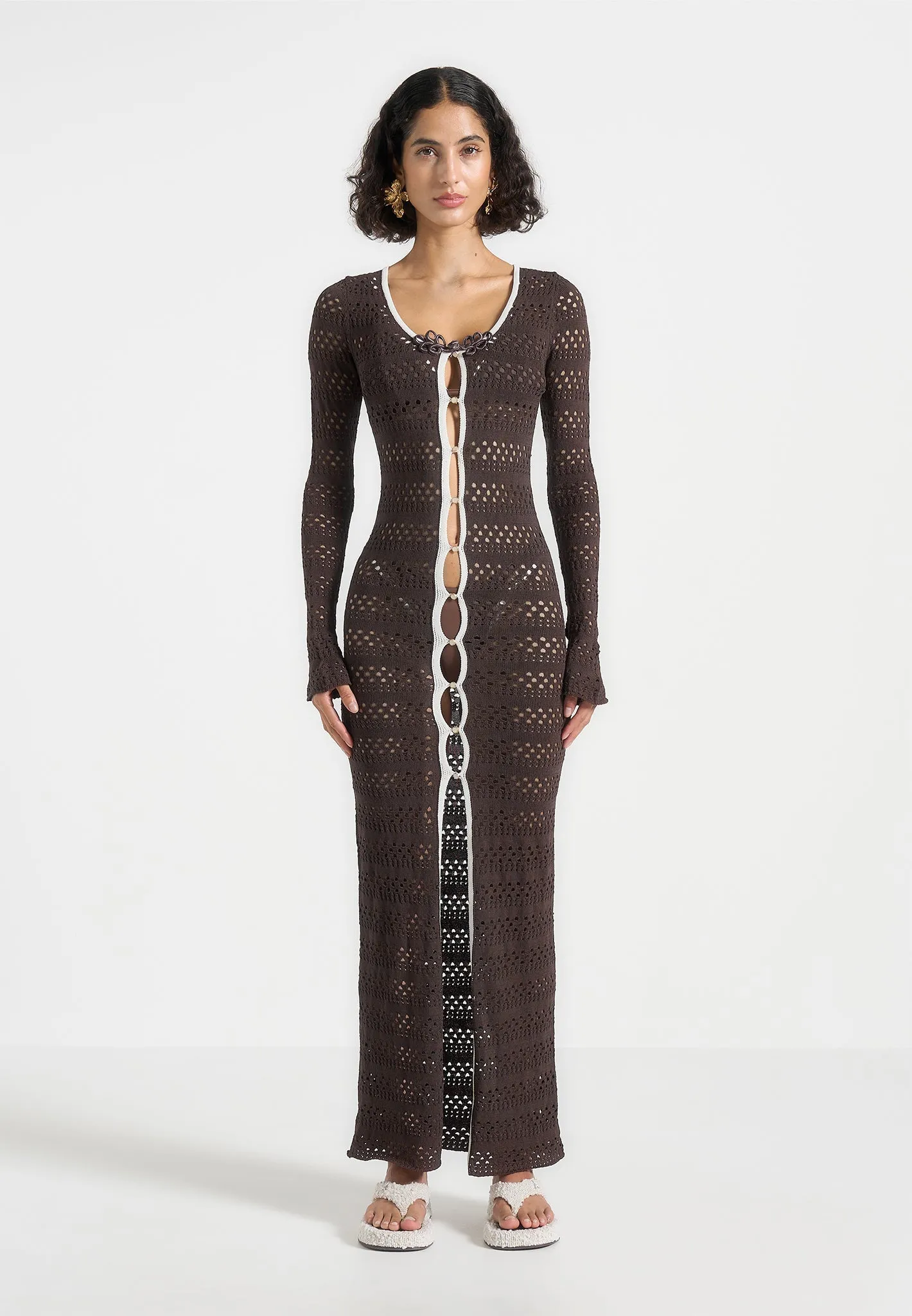 Eco friendly materials Aria - Pointelle Knit Cover Up - Brown/Cream