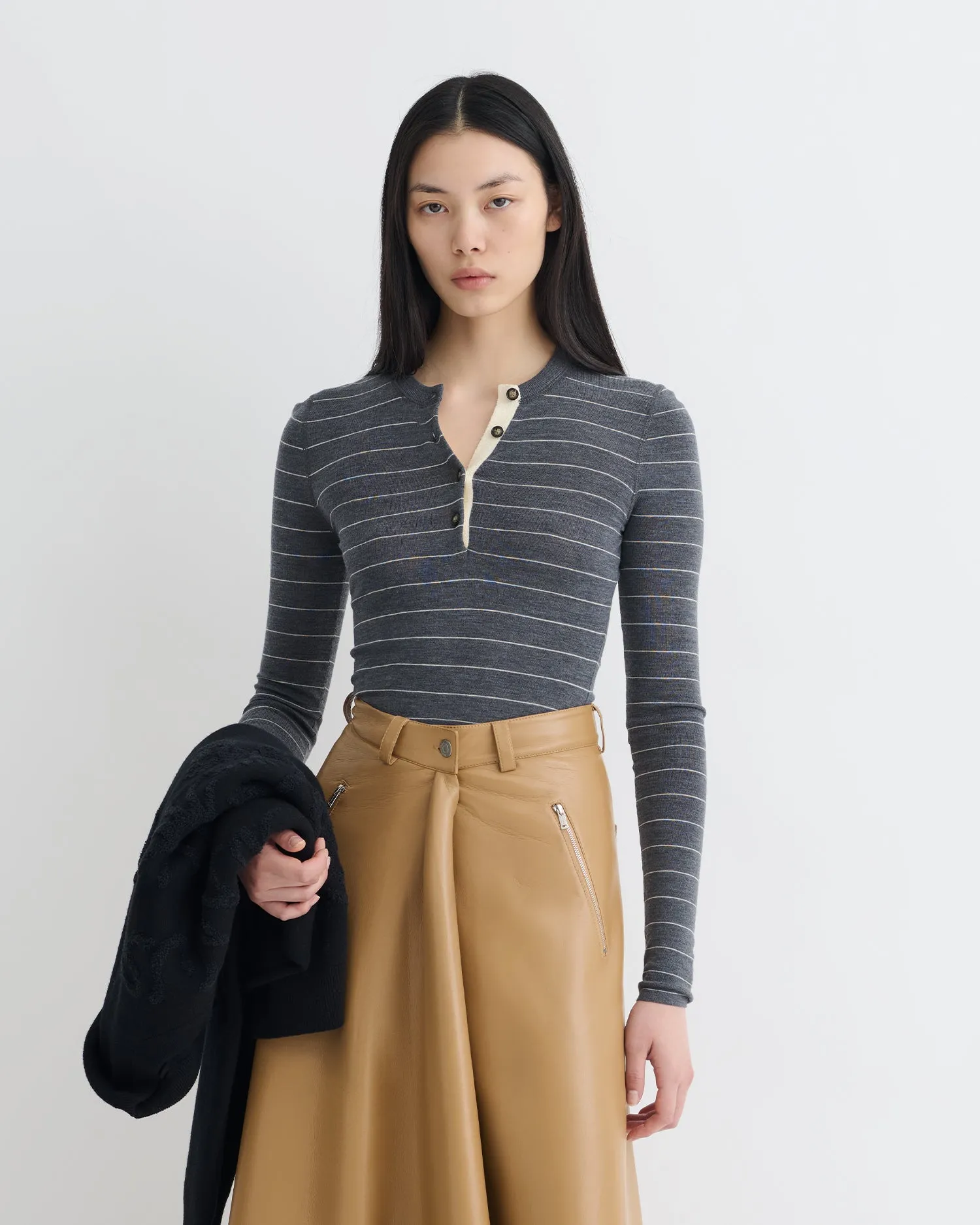 Stylish Outfit Elasticated Trim Ariyah - Striped Terry Merino Top - Grey Stripe