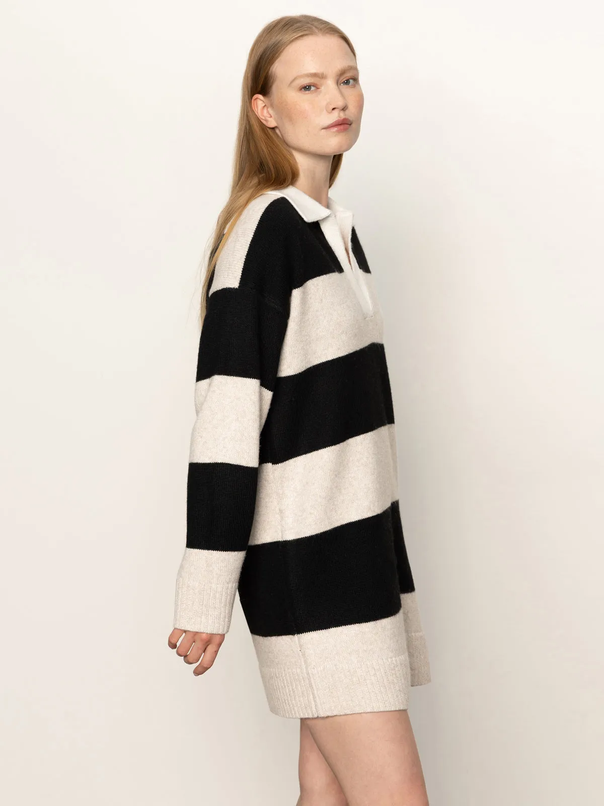 loose silhouette Event Perfect Polo Striped Sweater Dress Heather Pearl W/ Black