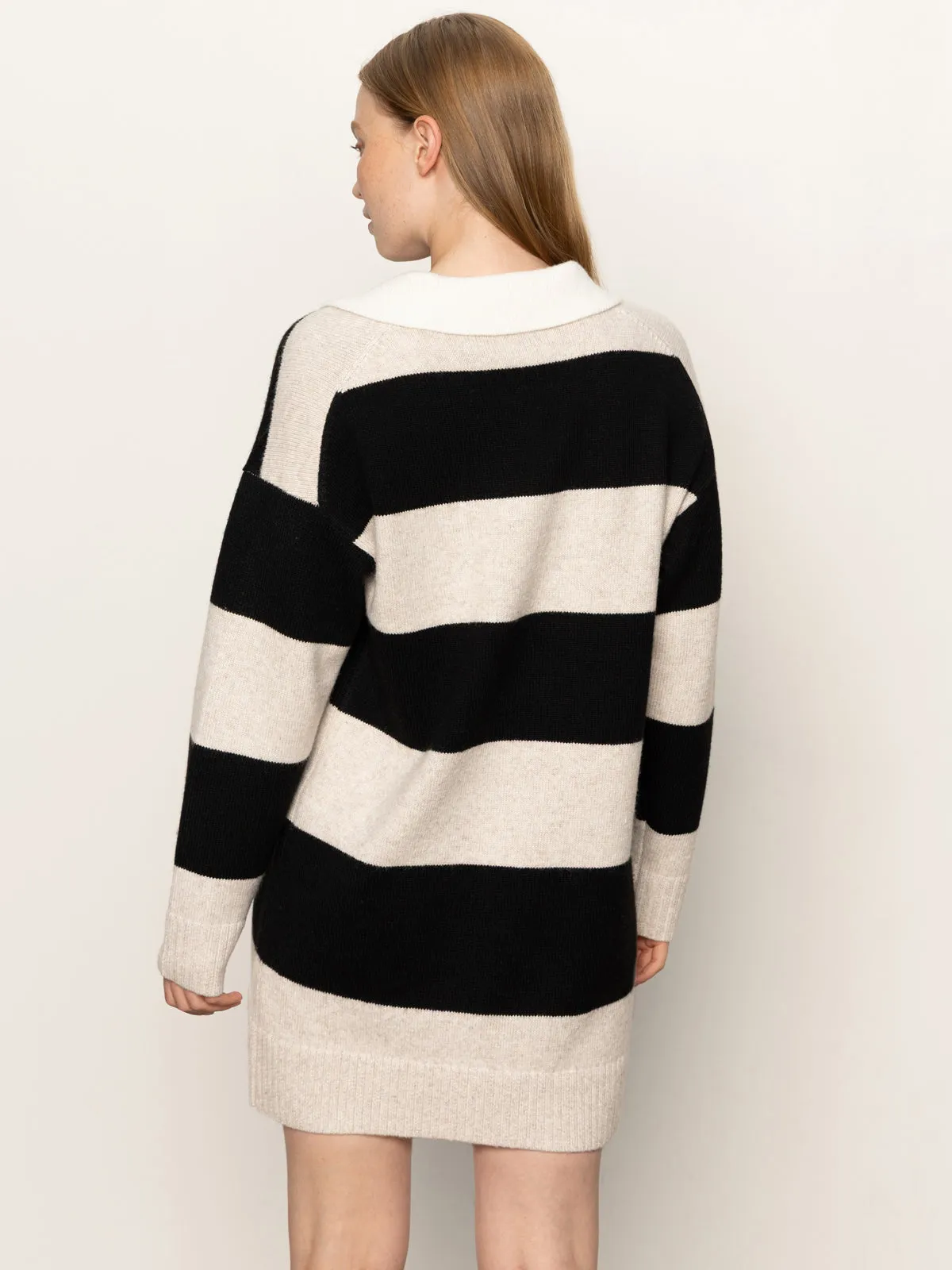 Mesh Backed Lining Polo Striped Sweater Dress Heather Pearl W/ Black