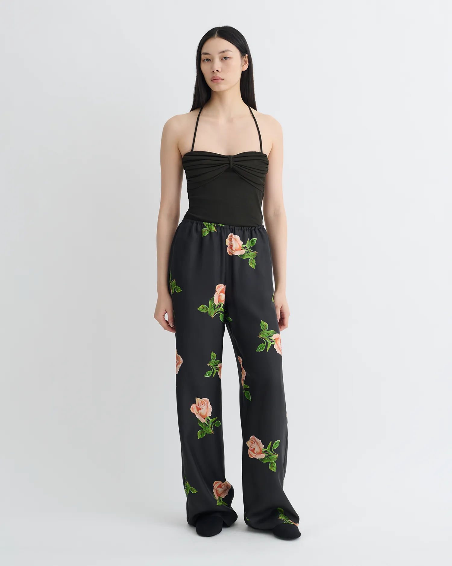 Arvenn - Printed Silk Twill Pants - Off Black/Roses Smart Wear NonChafingLegs