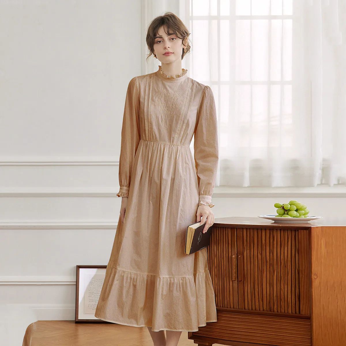 Aurelia Retro Long-sleeve Khaki Dress Seamless Finish Breathable Wearable