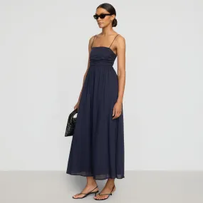 Aurora Ruched Organic Cotton Maxi Dress Zip Closure