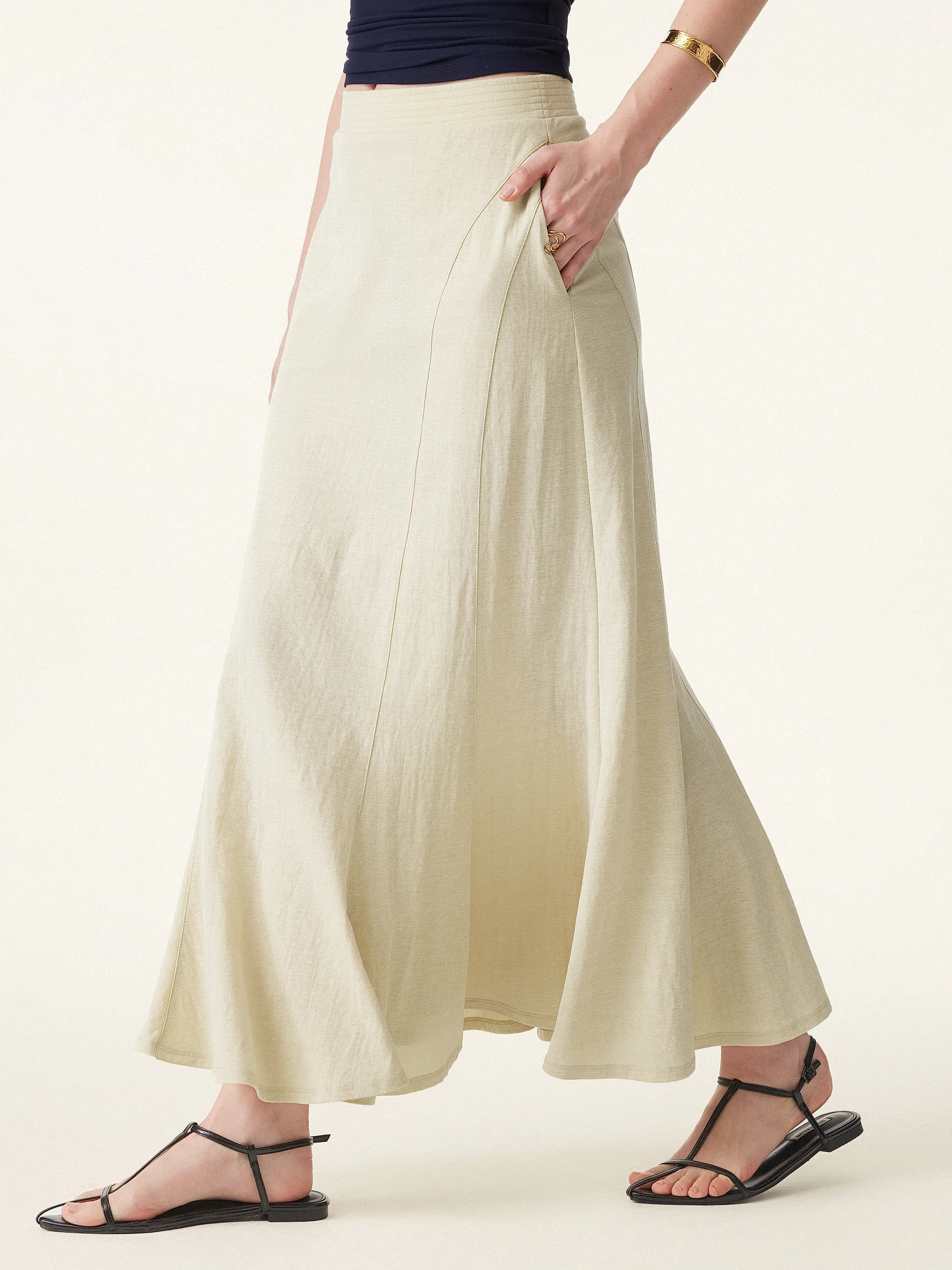 Breathable Stretch Wrinkle-resistant Cotton-linen Pull-on Midi Skirt