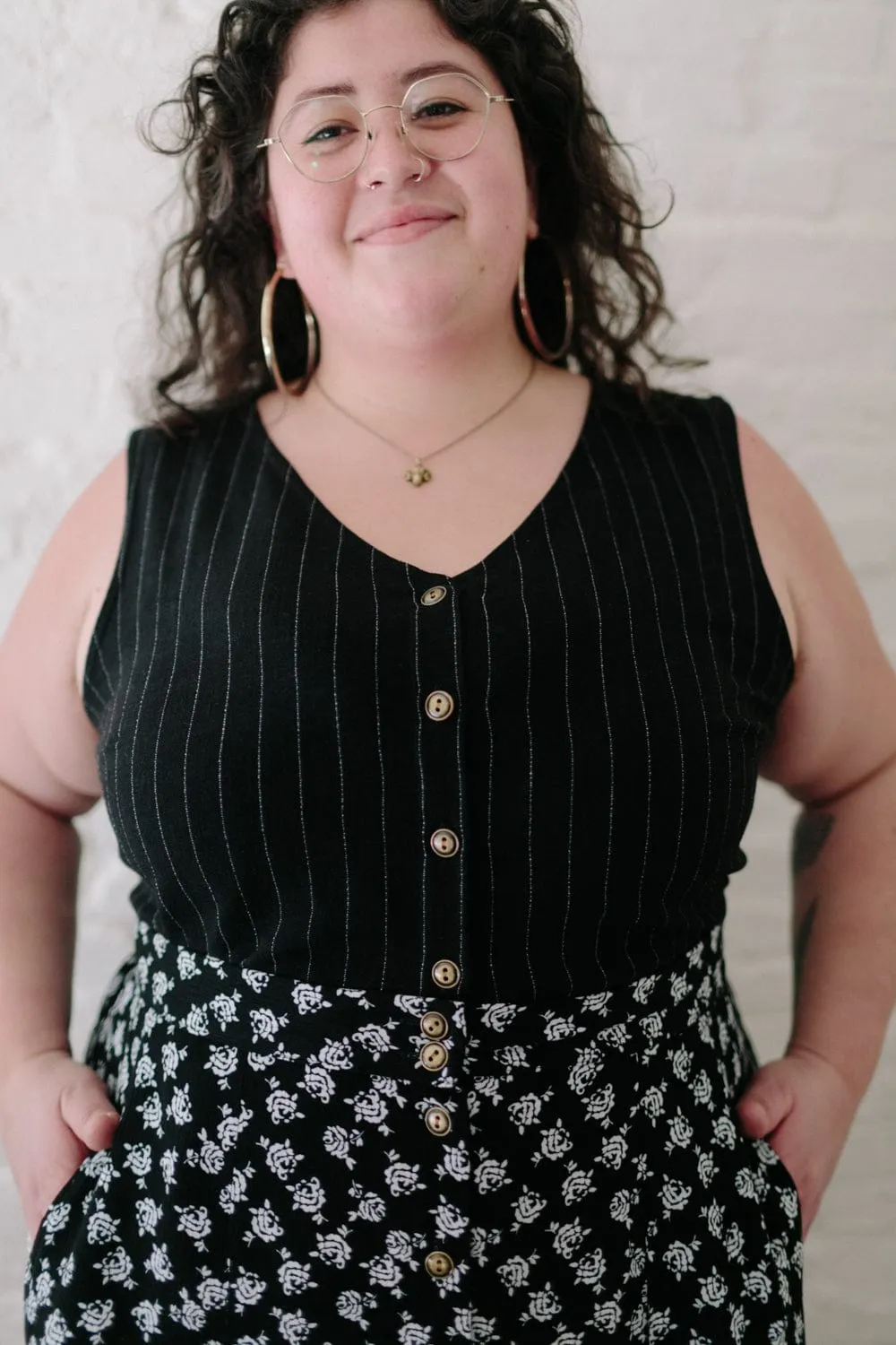 Aviva Top in Black Pinstripe Multipanel Construction