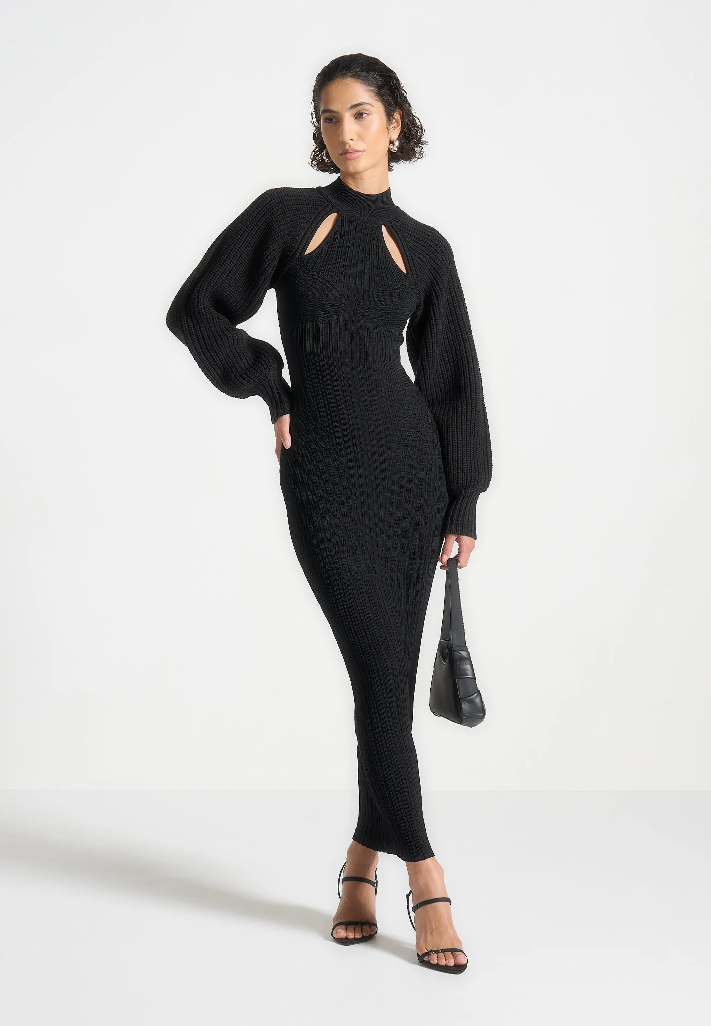 Balloon Sleeve Knitted Contour Maxi Dress - Black New Spirit