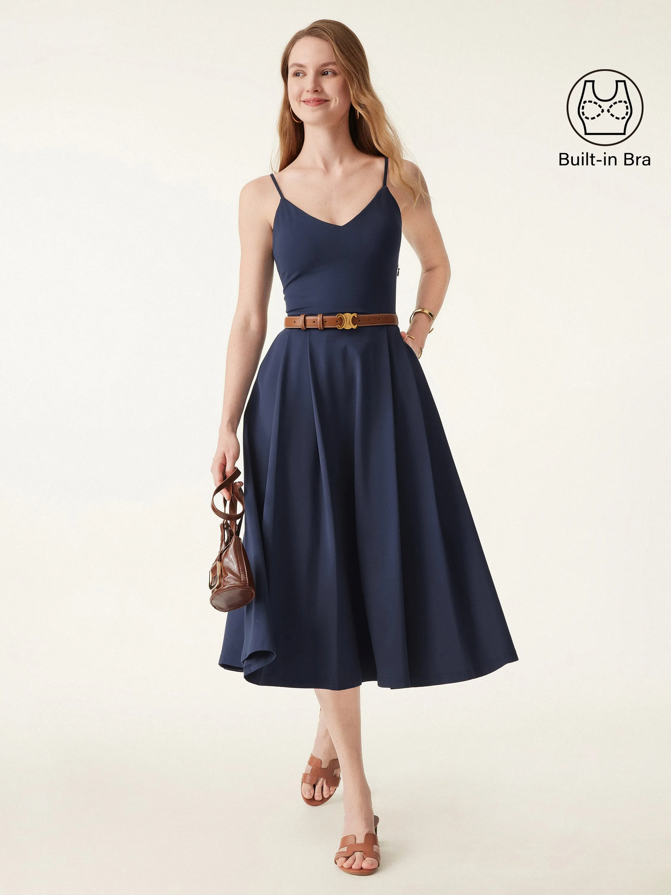 Quick Dry Blend SubtleTexture Bamboo Ponte V-neck Fit-and-flare Midi Brami Sundress with Pockets