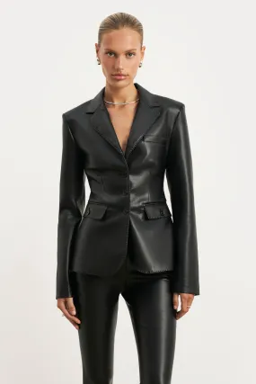 Cinched Waist Leather Blazer - Black Soft Cup Classic activewear