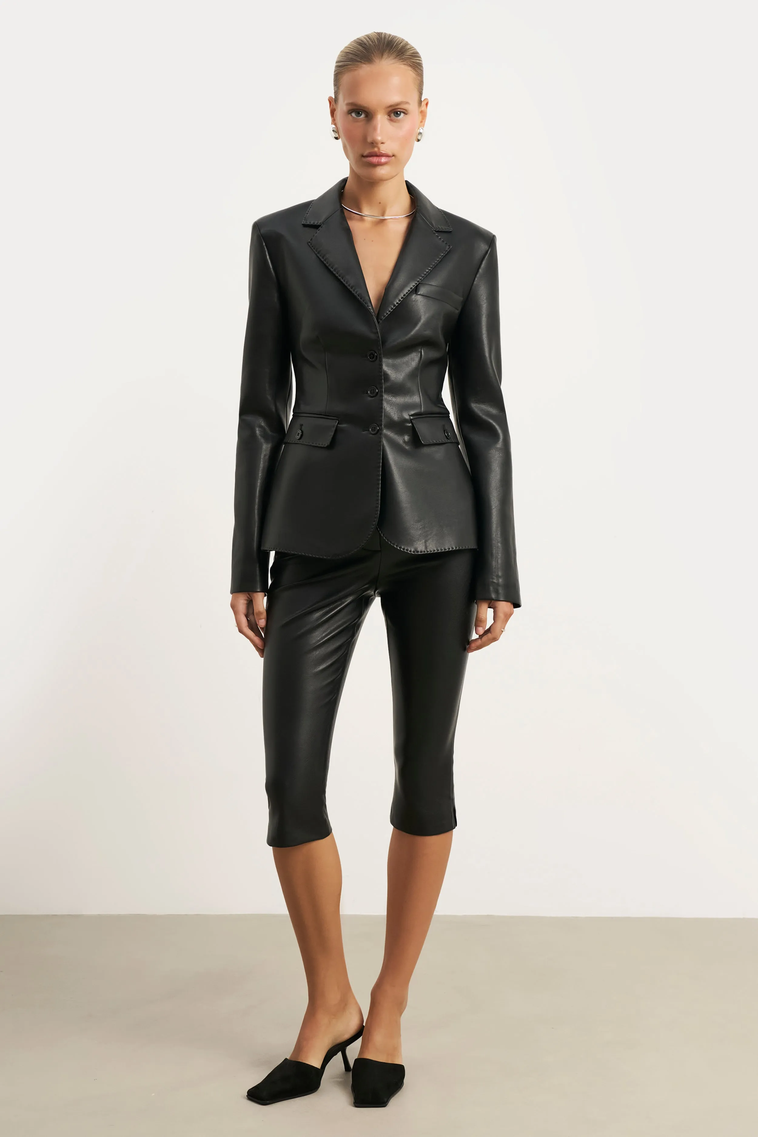 Cinched Waist Leather Blazer - Black Solid