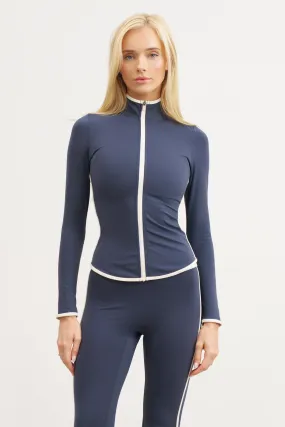 Base Contrast Trim Zip Up Jacket - Midnight Blue/Tofu Classic Fit Cotton Blend