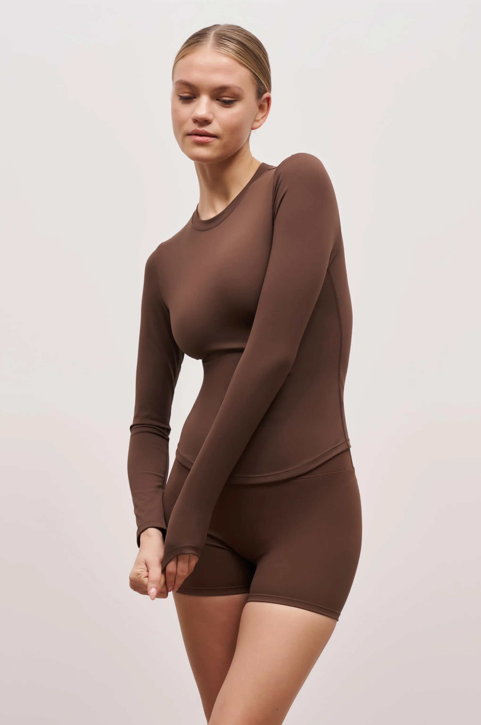 Base Sculpting Long Sleeve Top - Truffle CompressionTechnology Multi Panel Construction