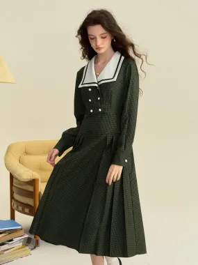 Barbara White Collar Double-Breasted Pleated Dark Green Plaid Dress Fresh Palette Delicate Mood