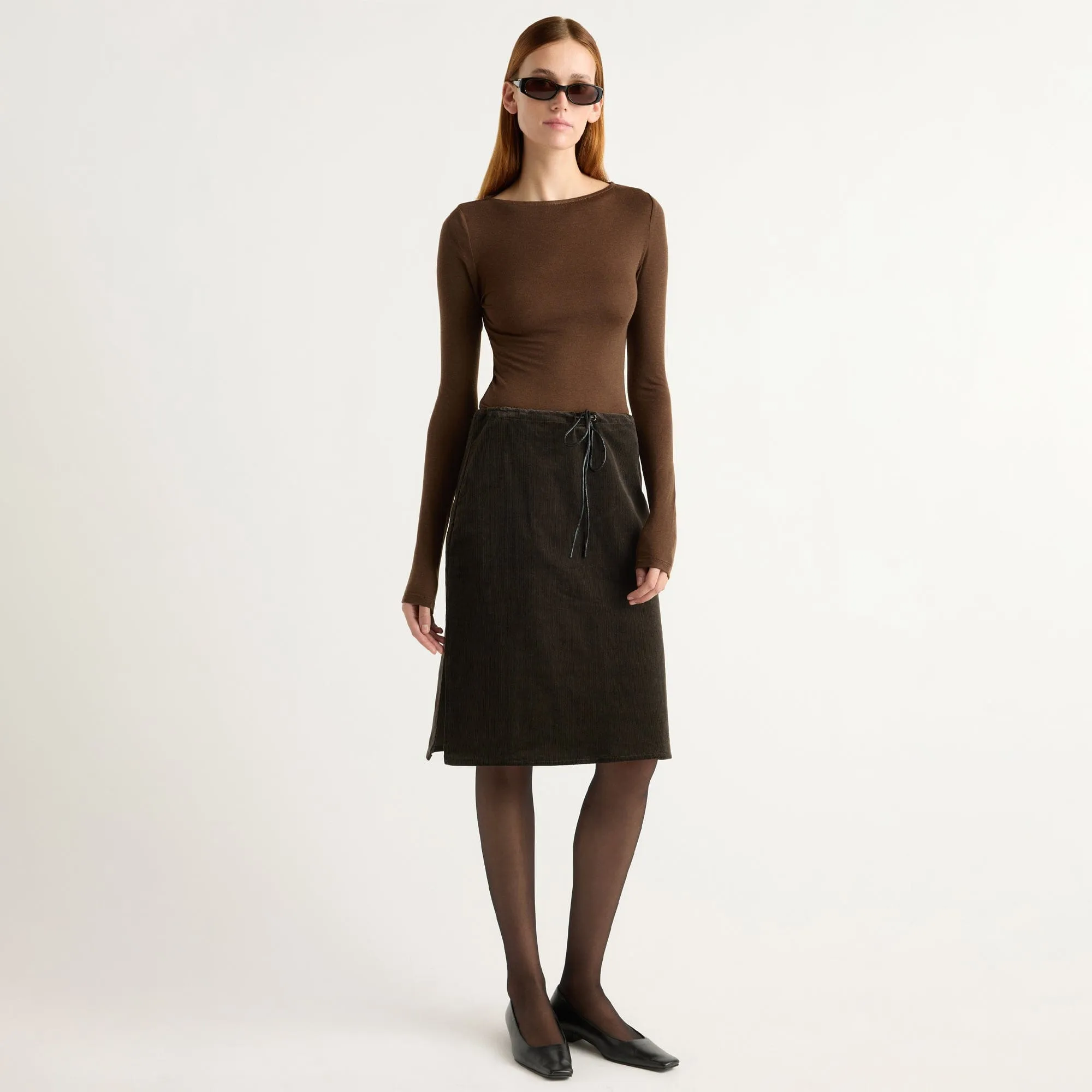 Bellamy Corduroy Tie-Waist Skirt Ruching Details