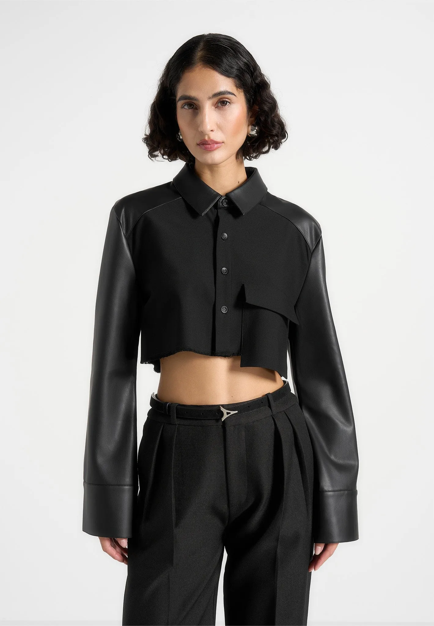 Bernadette - Leather Contrast Cropped Shirt - Black Cool Vibes