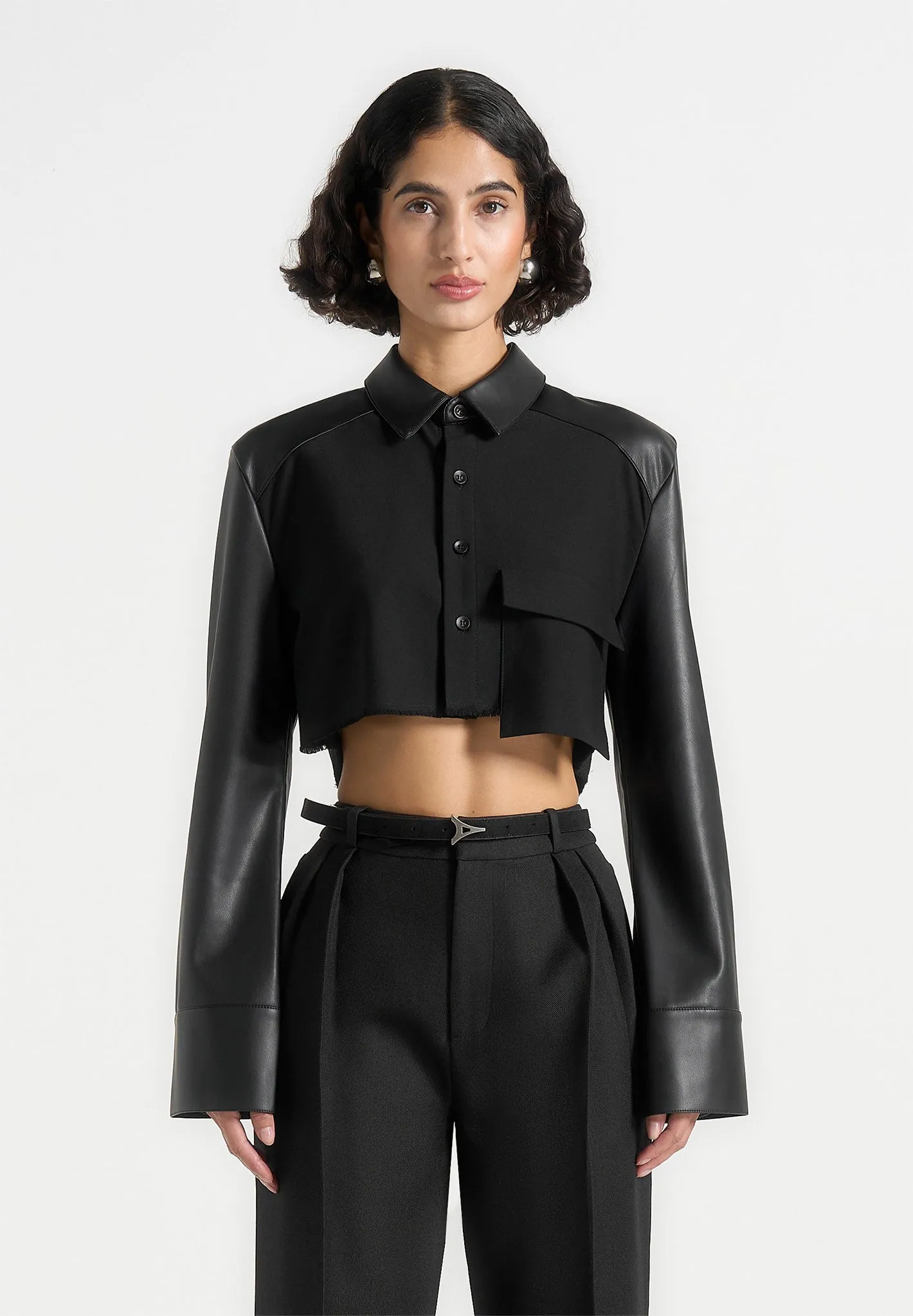 Bernadette - Leather Contrast Cropped Shirt - Black Biodegradable Options Breezy Comfort
