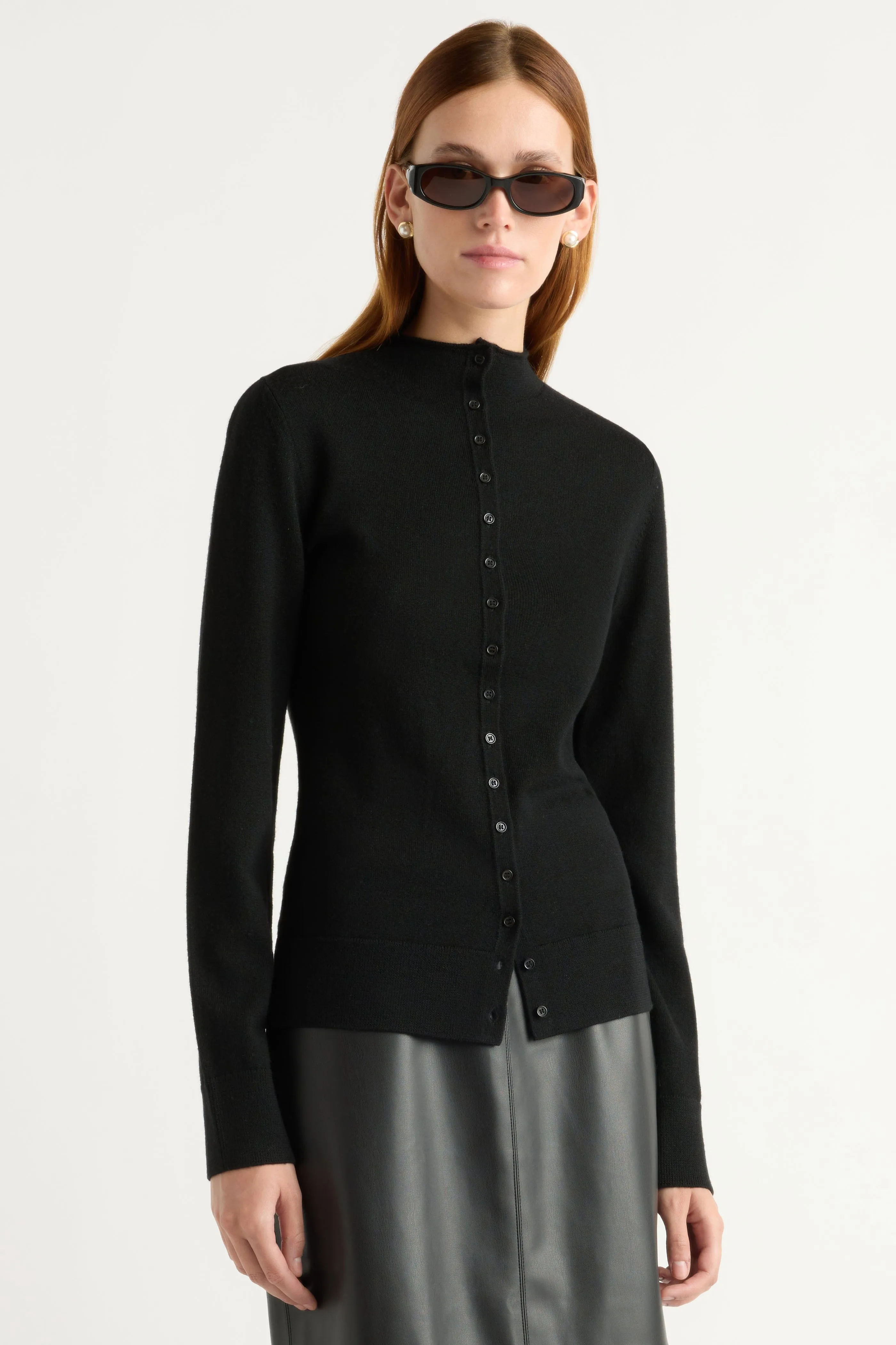 Stretchable Cuff Charlene Wool Button Mock-Neck Sweater