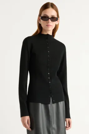 Stretchable Cuff Charlene Wool Button Mock-Neck Sweater
