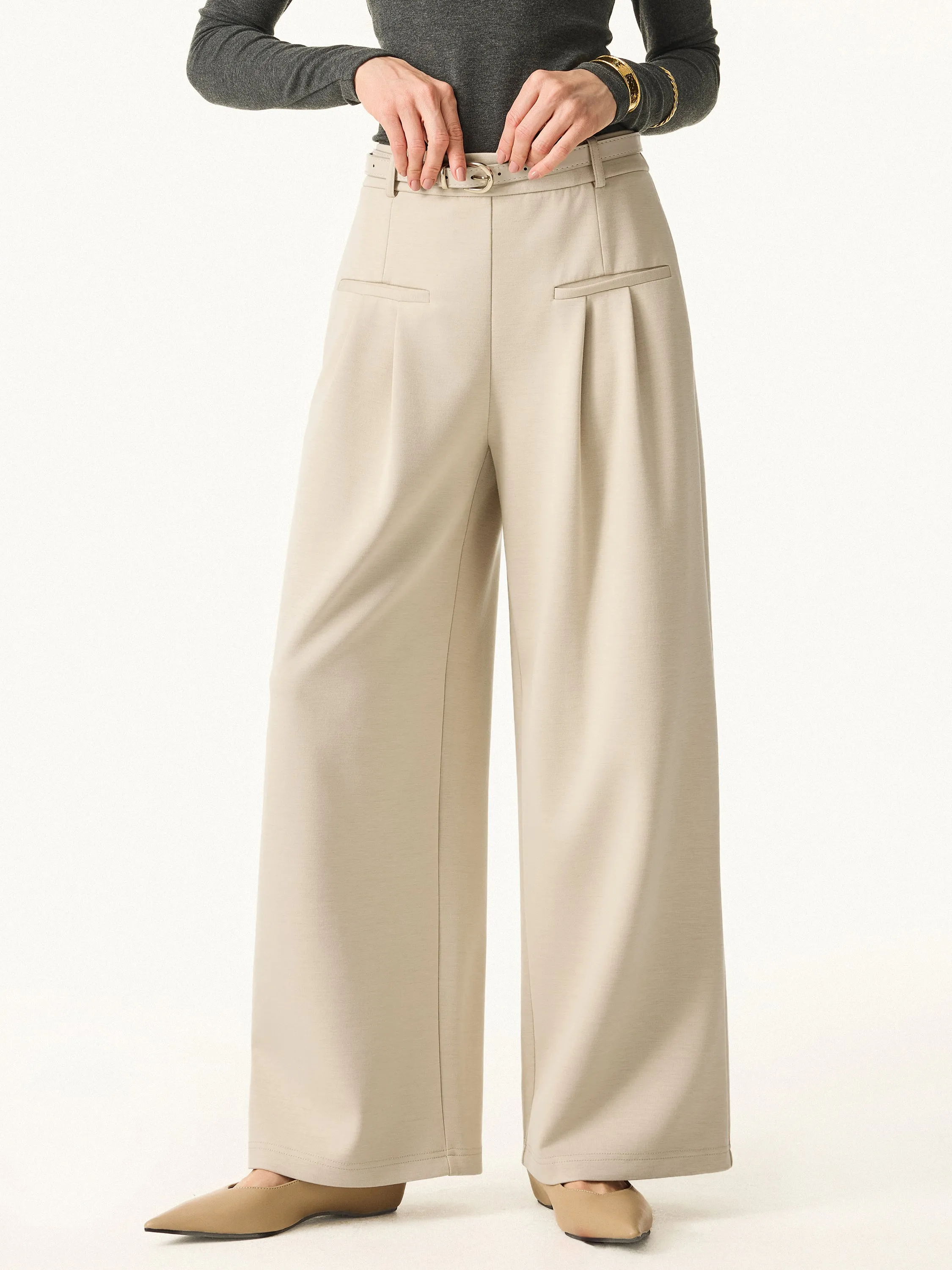 Bamboo Spacer Mid Rise Wide Leg Pull-on Trousers with Pockets All-Season Wear