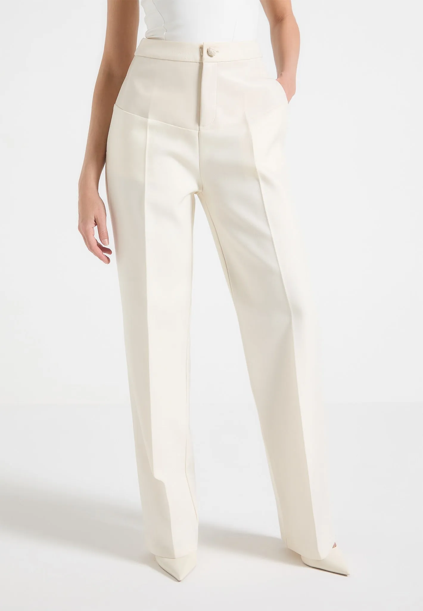 Blanche - Leather Panel Tailored Trousers - Cream Classic Design Wear