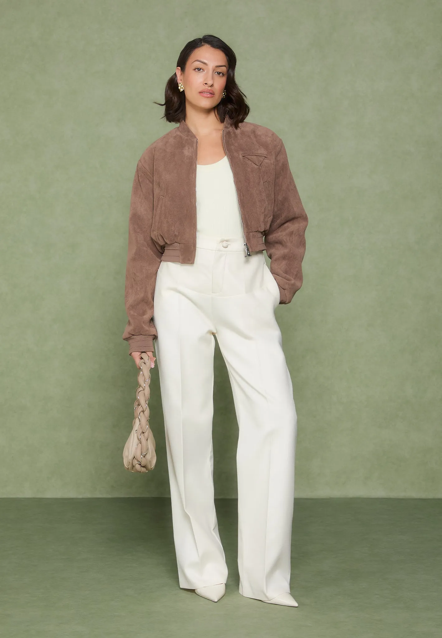 Blanche - Leather Panel Tailored Trousers - Cream Sophisticated Fit