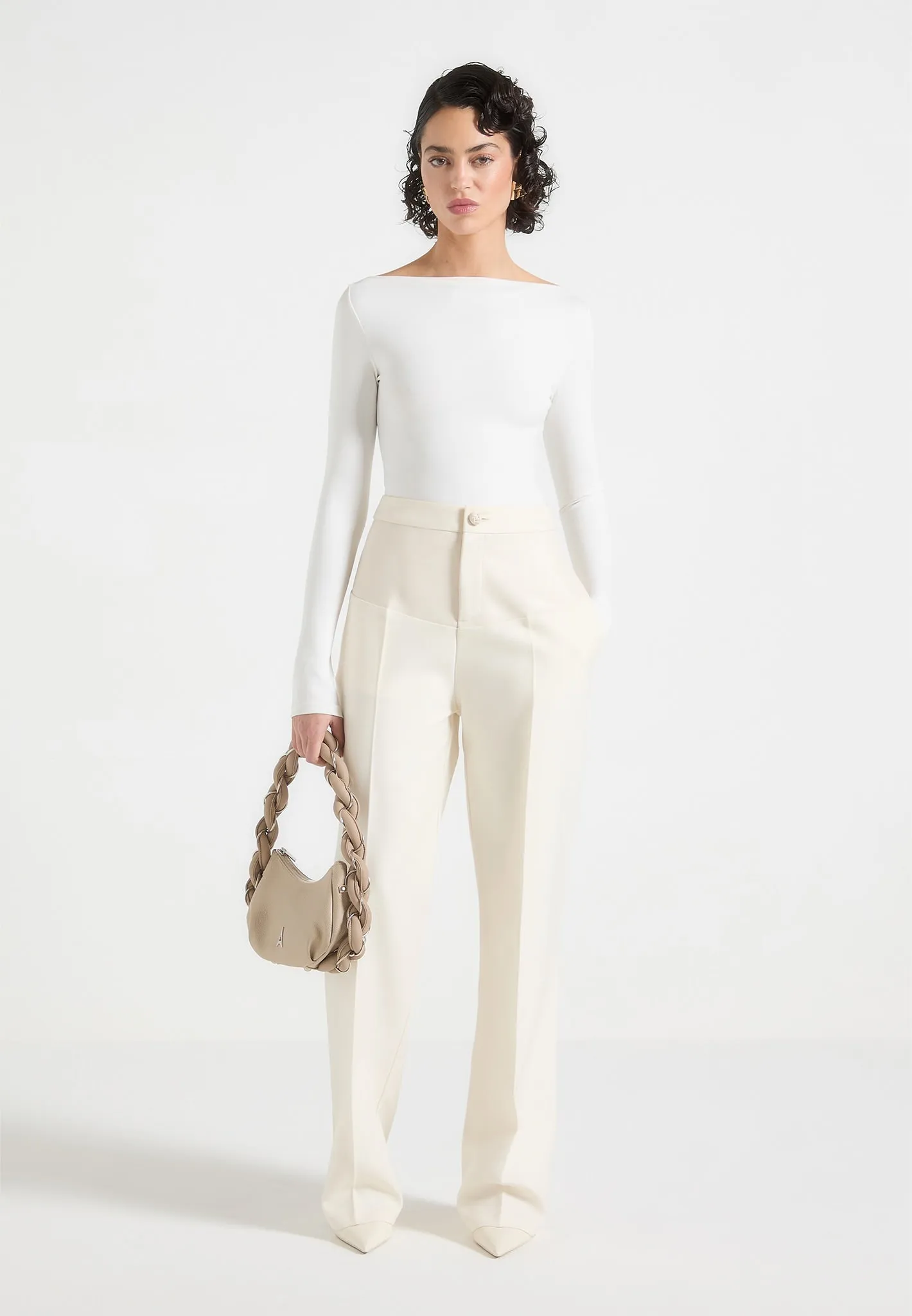Business Look Blanche - Leather Panel Tailored Trousers - Cream