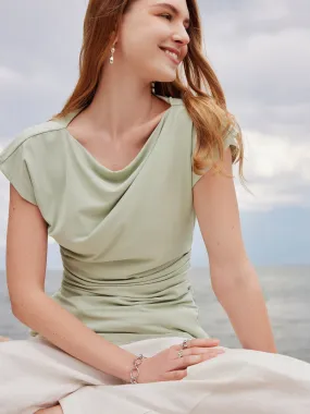 Boatneck Flutter Sleeve Side Tucked Long Tee RaglanSleeve LayeredCuff