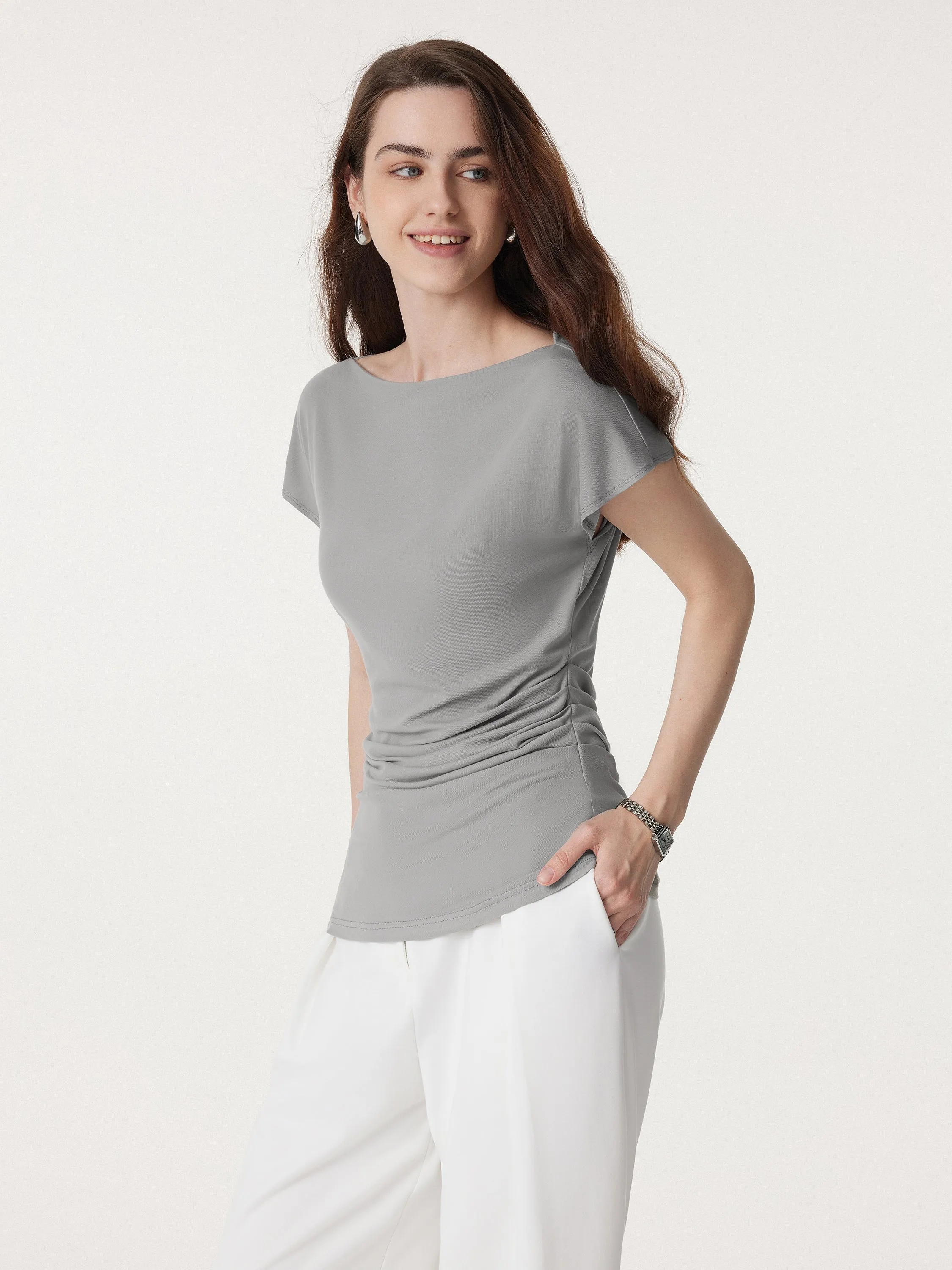 DurableDoubleLayeredHem Natural Fiber Blend Boatneck Flutter Sleeve Side Tucked Long Tee