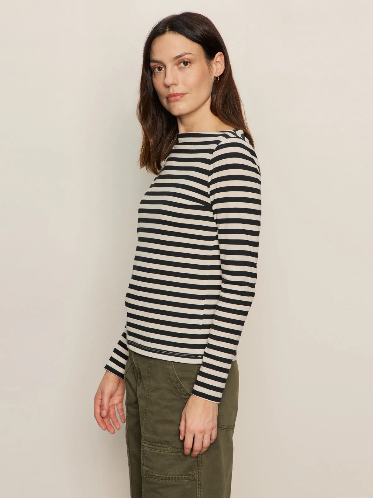 Stretch Woven Material Boatneck Long Sleeve Tee Light Oat/Black Stripe
