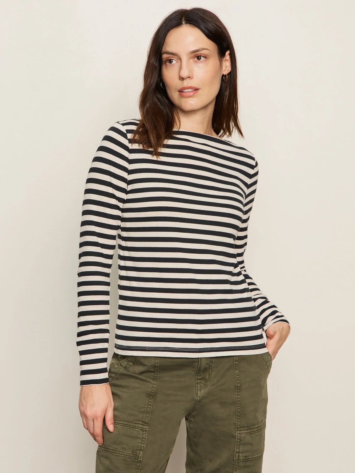 SeamFree Knitting Boatneck Long Sleeve Tee Light Oat/Black Stripe
