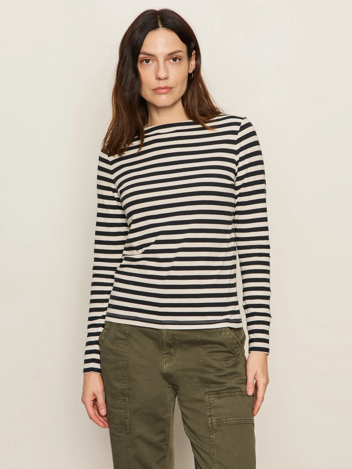 Comfort and Breathable Boatneck Long Sleeve Tee Light Oat/Black Stripe
