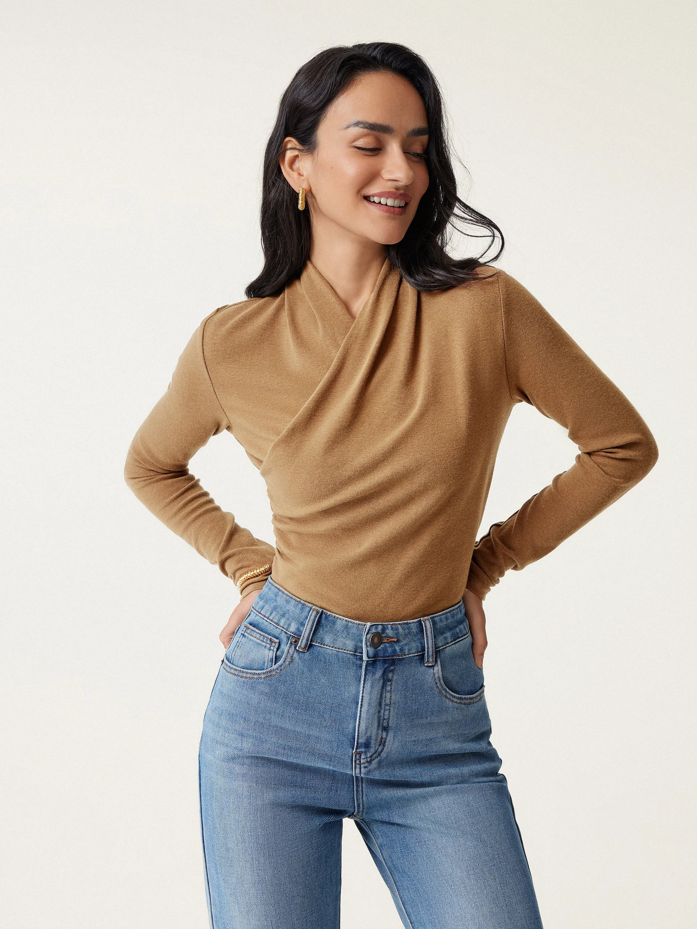 AllDayComfortFit Brushed Interior Surplice Long Sleeve Top