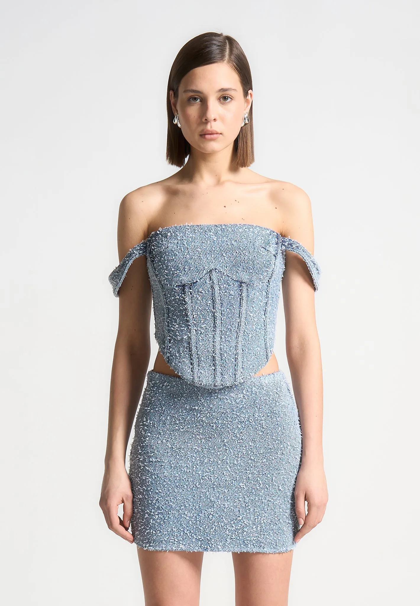 Bonnie - Boucle Denim Bardot Corset Top - Mid Blue Leather combination