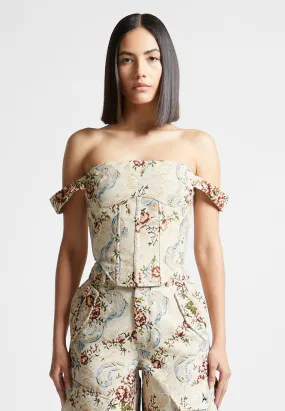 Casual Outfit Bonnie - Floral Jacquard Bardot Corset Top - Beige