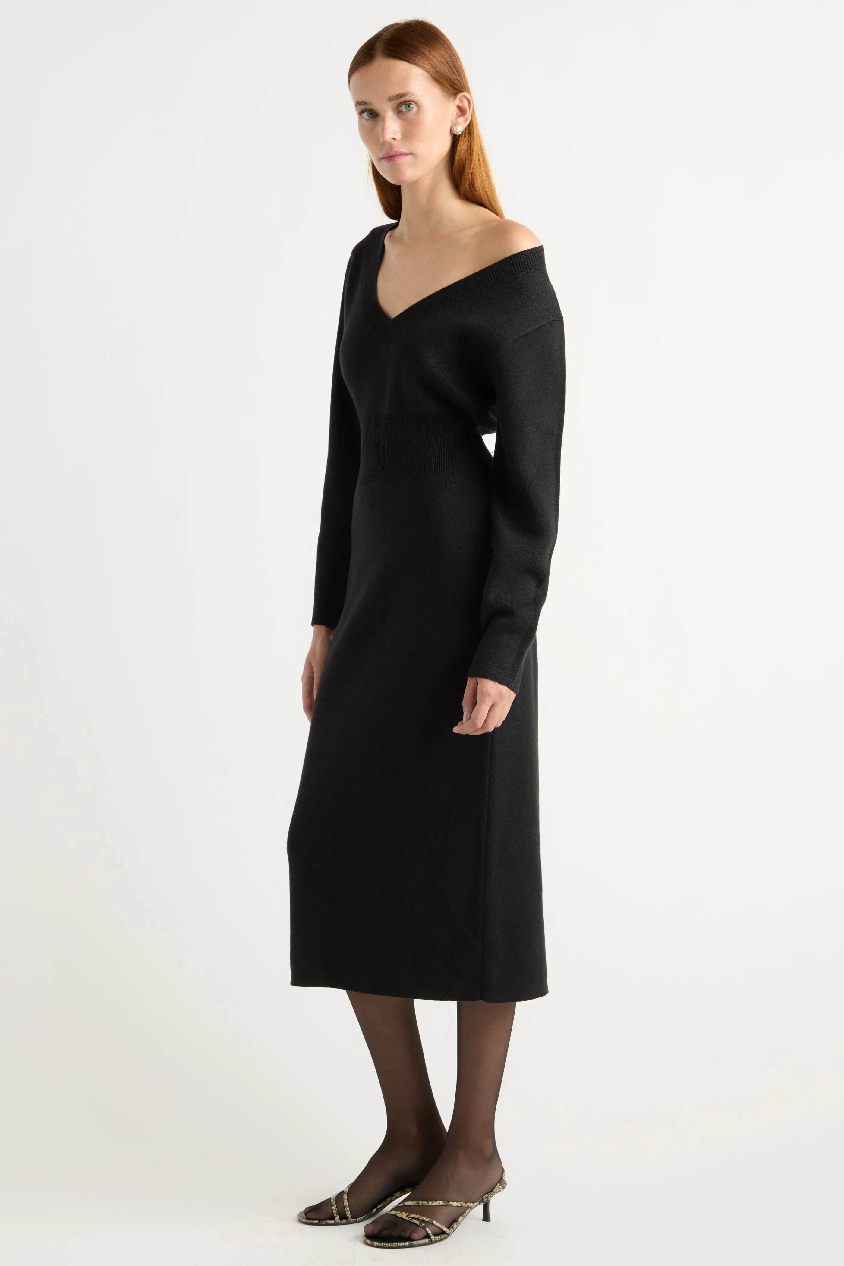 Oversized-Fit Bora Off-Shoulder V-Neck Sweater Dress