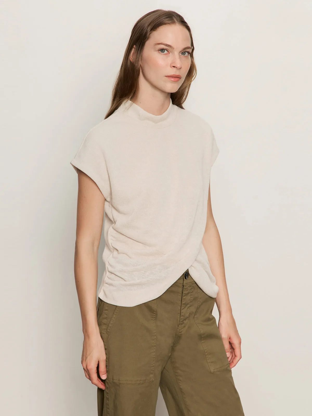 Sunbathing Draped Sleeveless Mock Neck Top Mother Of Pearl