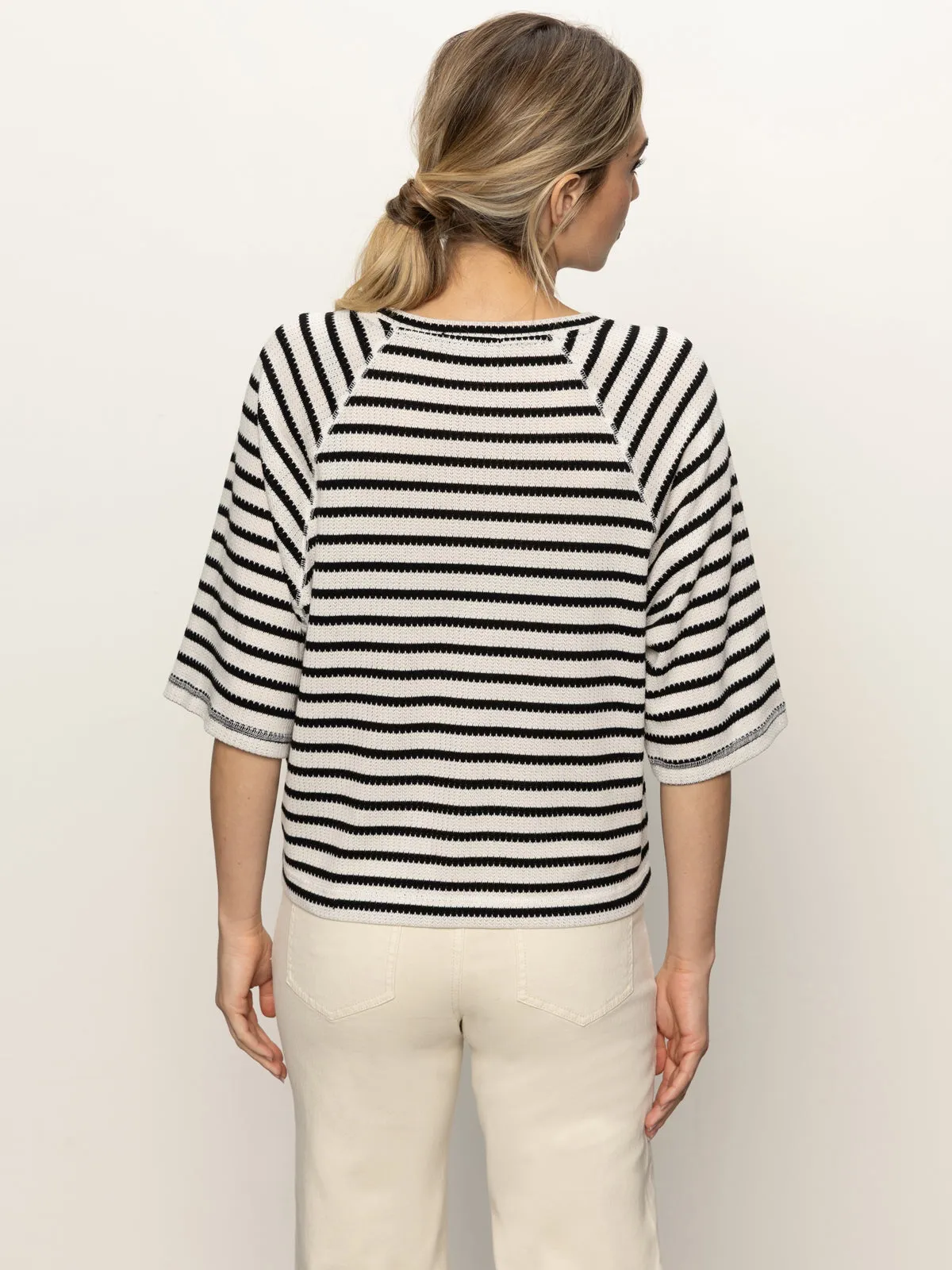 Boxy Raglan Tee Black with Light Oat Stripe Circular Knit Technique Structured Shoulder