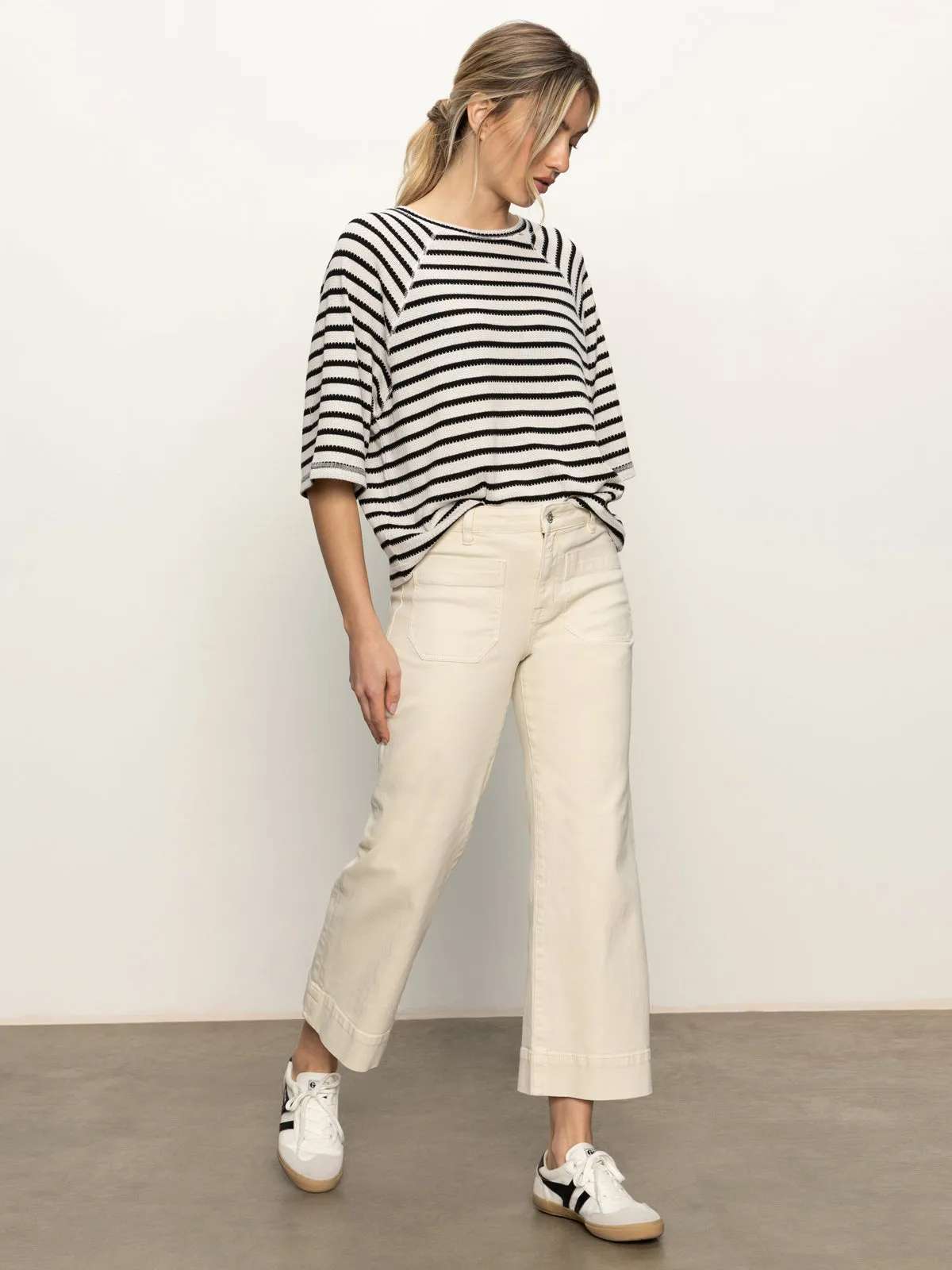 Boxy Raglan Tee Black with Light Oat Stripe Stretch Recovery Fabric