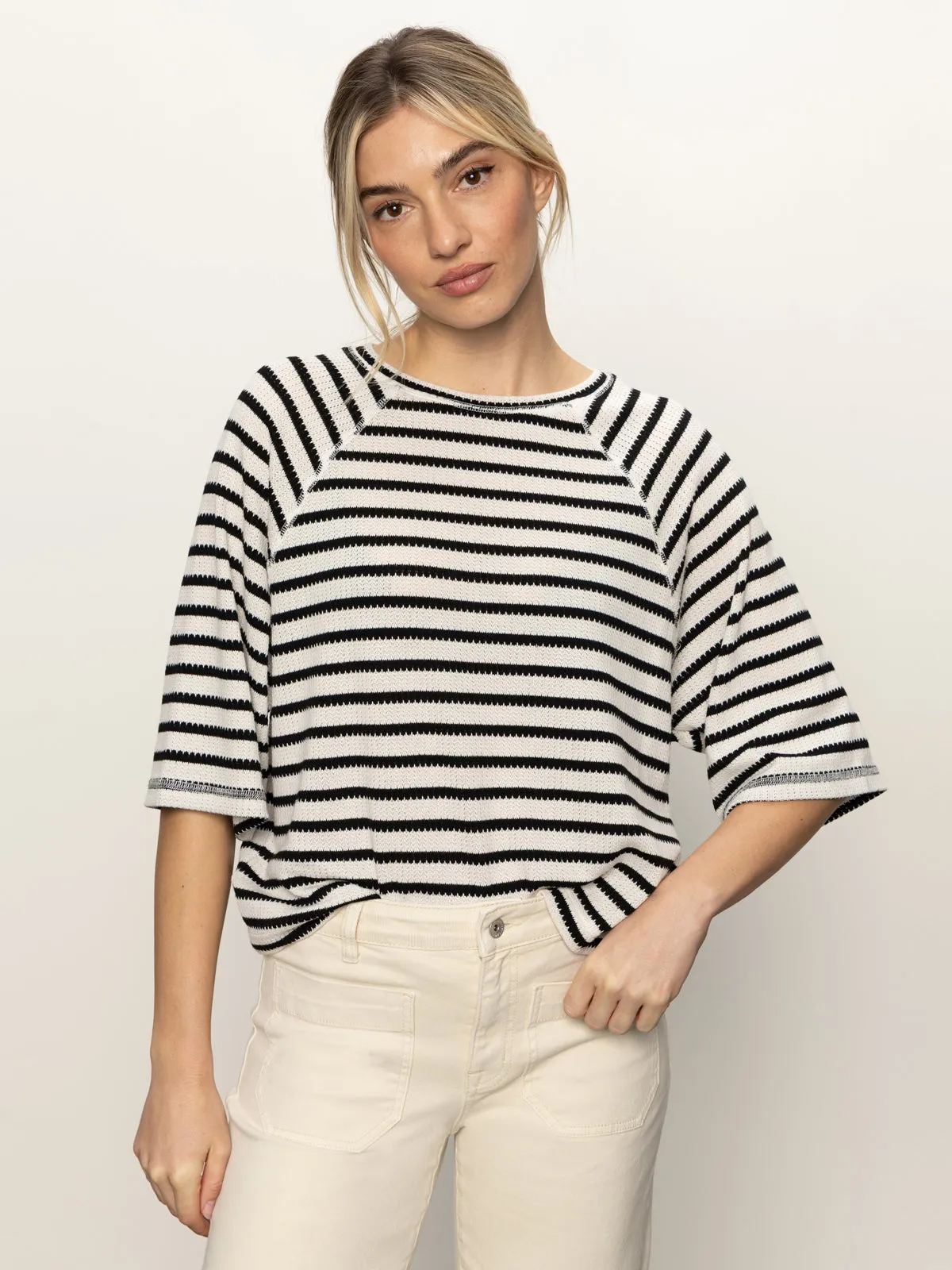 Boxy Raglan Tee Black with Light Oat Stripe Timeless Piece