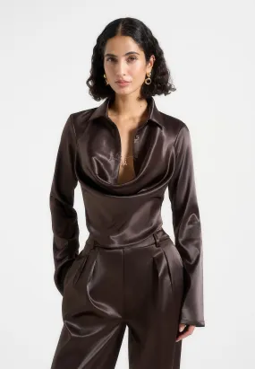 Weekend Look Sleek Fit Satia - Satin Cowl Shirt with Chain Detail - Brown
