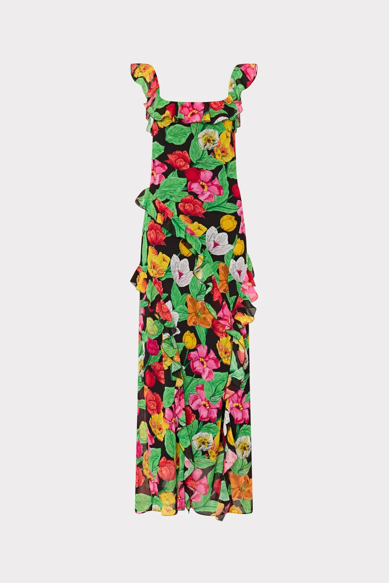 Embroidered Fabric Casual Mode Tulip Rosette Ruffle Maxi Dress