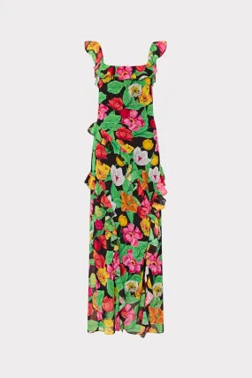 Embroidered Fabric Casual Mode Tulip Rosette Ruffle Maxi Dress