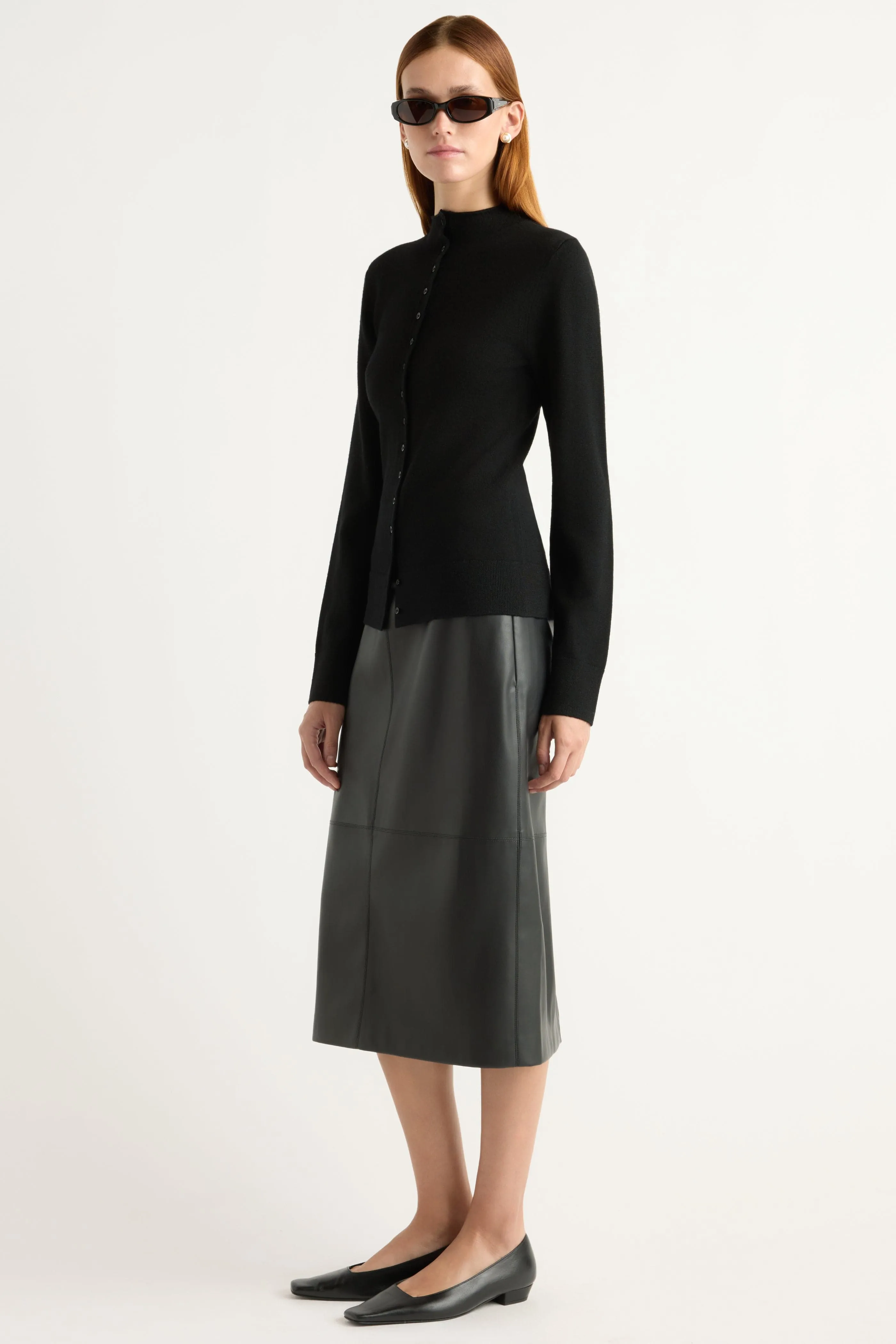 Briony Back Split-Hem Vegan Leather Skirt Polished Cut party look